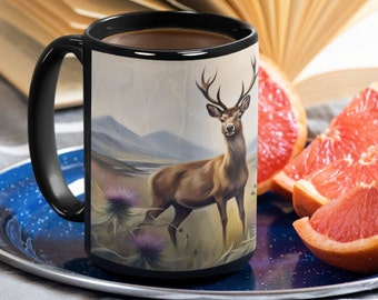 Scottish Thistle Coffee Mug, Highland Deer 15oz Ceramic Cup, Highlands Scotland Buck with Antlers, Beautiful Gift Tea Mug, Artistic Painting