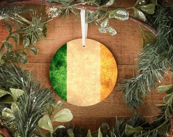 Irish Flag Ornament, Ireland Yuletide Christmas Tree Decoration, Irish Man or Woman Gift Holiday Tree Hanger, Grunge Patriotic Flag