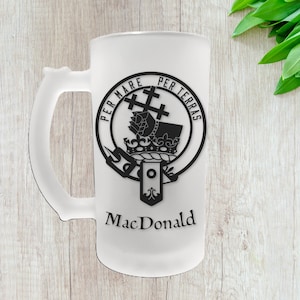 MacDonald Clan Crest Beer Mug, Scottish Clan McDonald Crest Glass Beer Stein, MacDonald Personalized Crest Drinkware, 16oz. Beer Mug