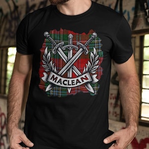 Clan MacLean T Shirt, McLean Tartan Sword Tee, Clan Maclean Family Name, Scottish Clan Tees, Scotland Tartan Personalized Plaid T-Shirt