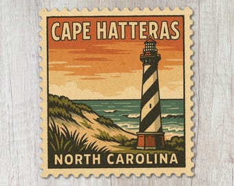 Adesivo do Farol de Cape Hatteras, Adesivo Vintage de Selo Postal de Outer Banks, Lembrança de Outer Banks, Carolina do Norte, Adesivo de Outer Banks, Adesivos de Viagem Costeira
