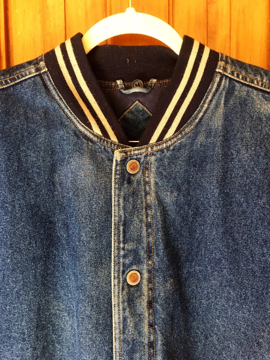 Vintage 90s Varsity Denim Jacket Basic Editions Brand Size Etsy