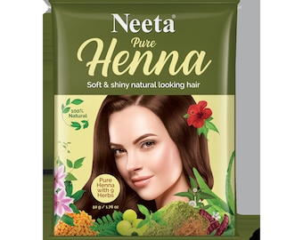 Neeta Pure Henna (Mehendi) Poeder Voor Haar Met 9 Kruiden | 100% natuurlijk hennapoeder voor zacht en glanzend haar 50 g (pak van 6)