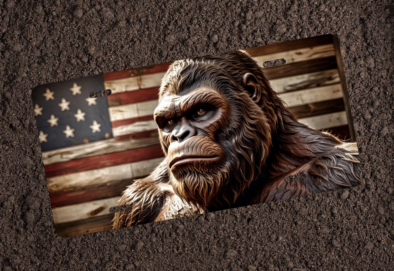 Bigfoot American Flag License Plate