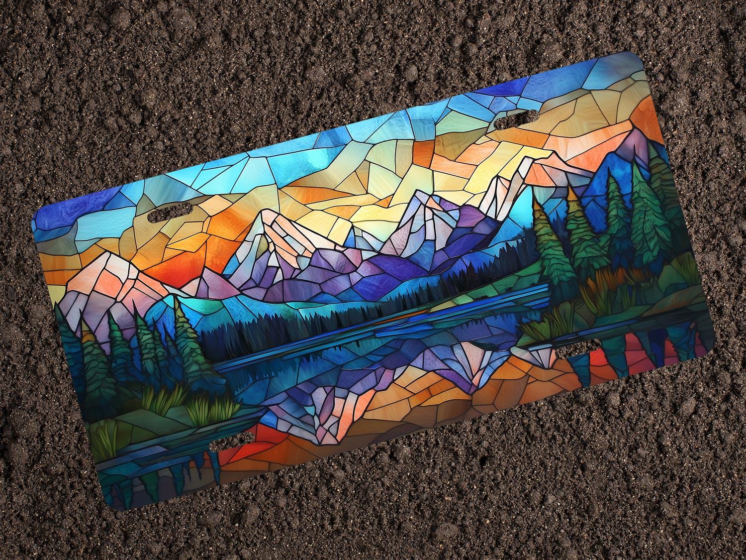 Stained Glass Mountain Lake License Plate
