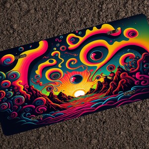 May include: A psychedelic art print featuring a colorful, abstract landscape with a sunrise, mountains, and swirling patterns in shades of pink, yellow, blue, and green.