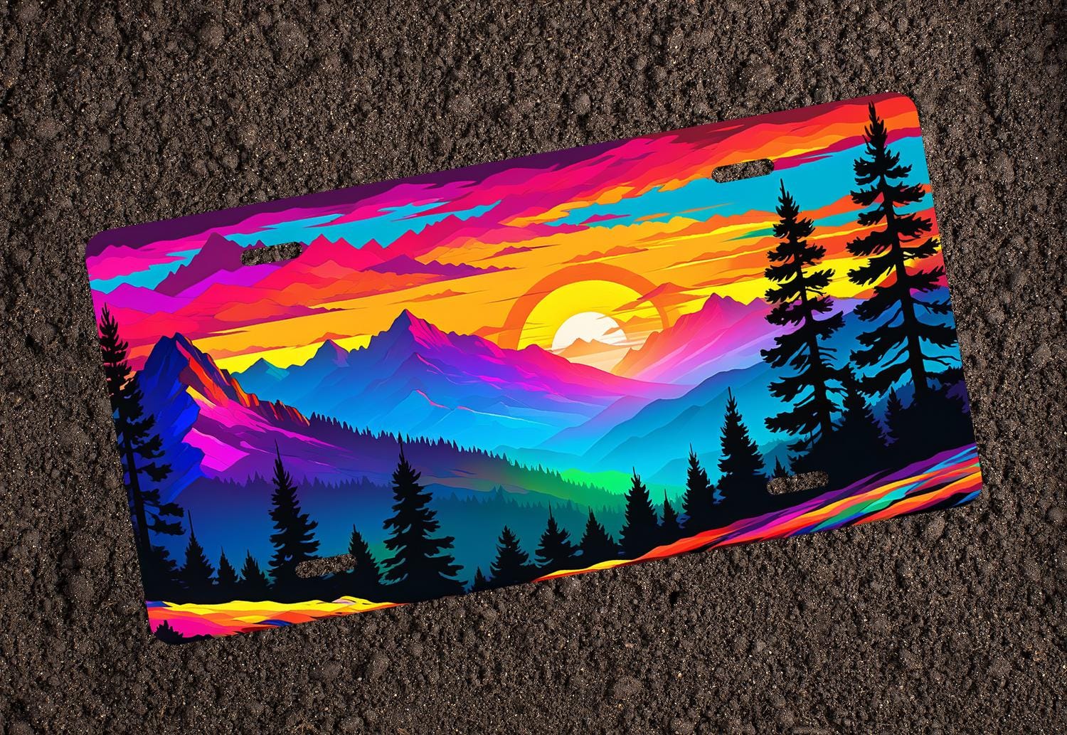 Vibrant Mountain Sunset License Plate
