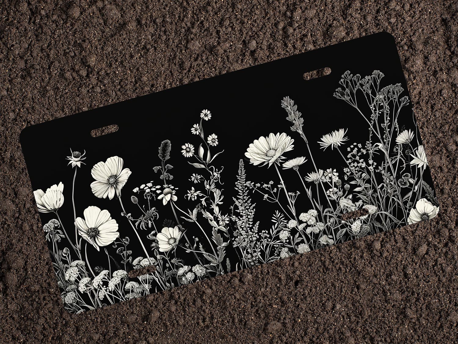 Wildflower Black and White License Plate - Floral Design