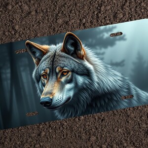 May include: A close-up of a wolf's face with a blue-grey and brown fur pattern. The wolf is looking to the left of the image. The background is a blurry forest scene with a blue-grey color scheme.