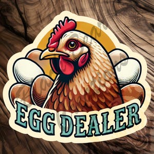 May include: A cartoon illustration of a brown and white chicken with a red comb and wattle. The chicken is surrounded by white eggs and the text 