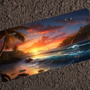 May include: A scenic sunset over a tropical beach with palm trees and a crashing wave. The sky is a vibrant orange and pink, with clouds reflecting the warm colors. The ocean is a deep blue, with whitecaps on the waves.