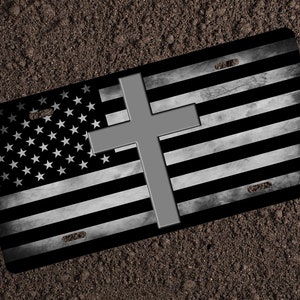 Religious Cross American Flag Custom License Plate Car Accessory Christian Patriotic Gift