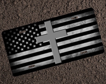 Religious Cross American Flag Custom License Plate Car Accessory Christian Patriotic Gift