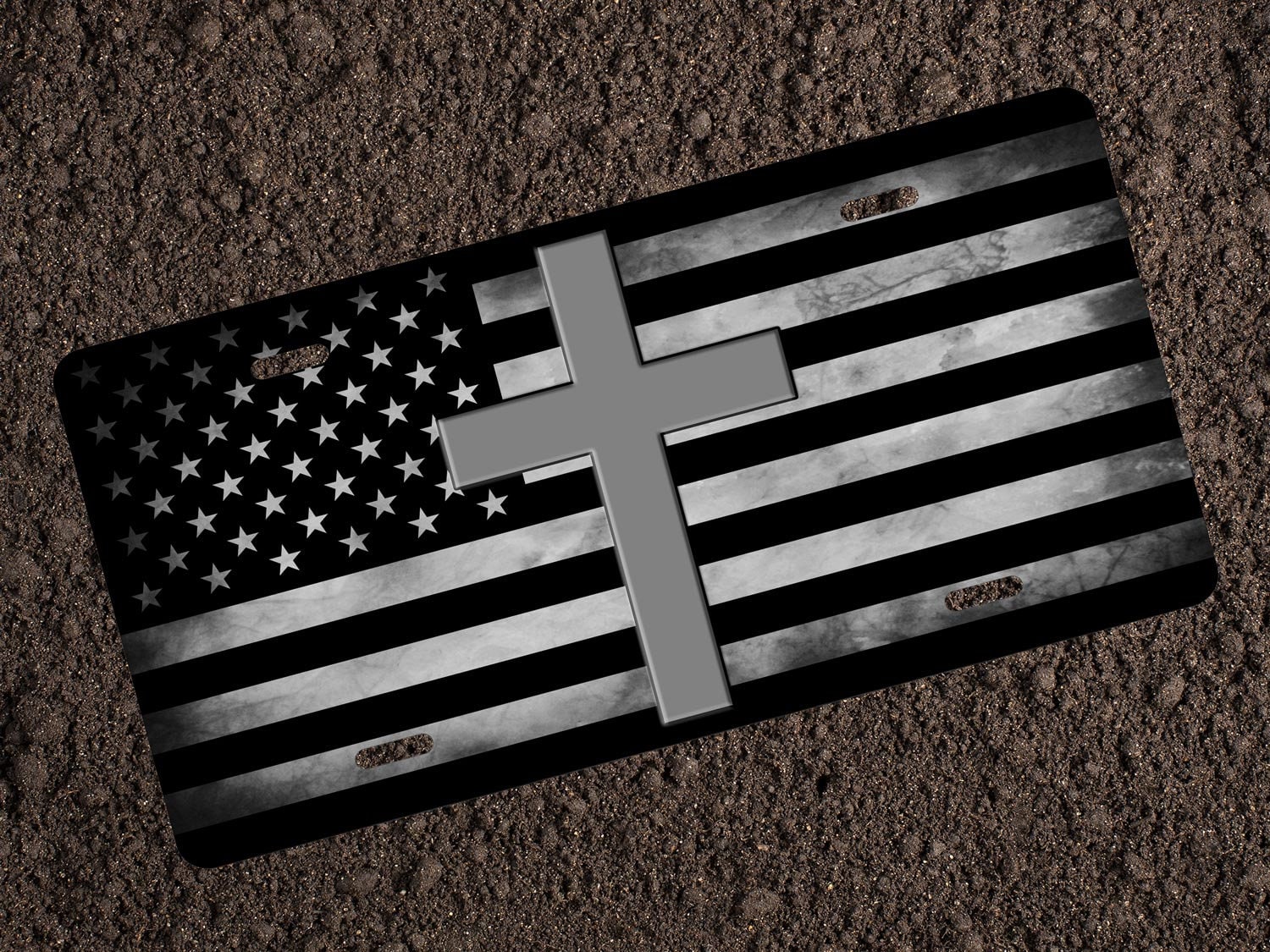 Religious Cross American Flag License Plate