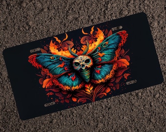 Colorful Skull Death Moth License Plate - Eye-Catching Car Accessory - Perfect Gift or personal item for your car.