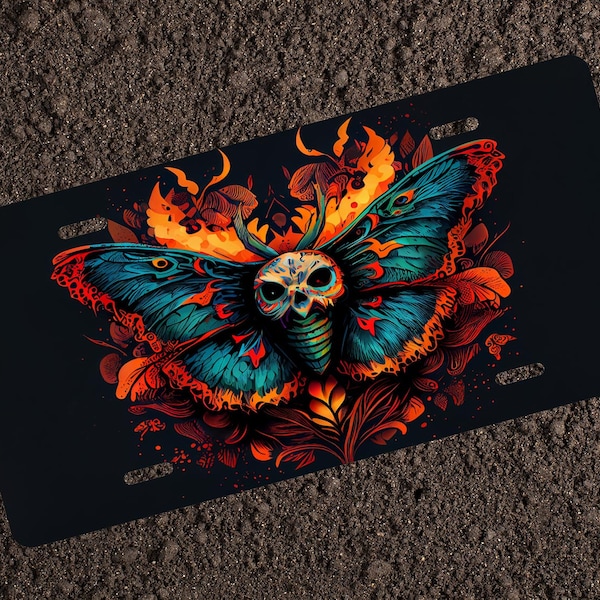 Colorful Skull Death Moth License Plate - Eye-Catching Car Accessory - Perfect Gift or personal item for your car.