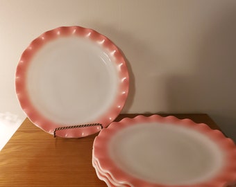 Vintage pink and white plates by Hazel Atlas Crinoline pattern