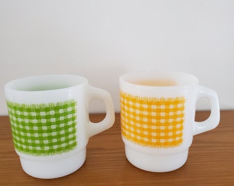 Vintage Gingham cups by Anchor Hocking Fire King plaid mugs