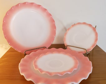 Vintage pink and white plates  saucers by Hazel Atlas Crinoline or Ripple pattern