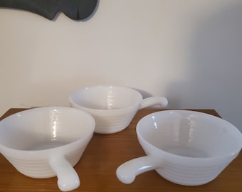 White bowls with handles by Fire King Beehive bowls