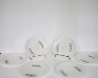 Vintage Fire King Bonnie Blue Saucers - Set of Six - Retro Floral Dinnerware - Anchor Hocking
