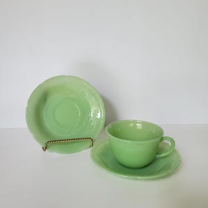 Vintage Fire King Jadeite Cup and Saucer Set - Anchor Hocking Alice Pattern