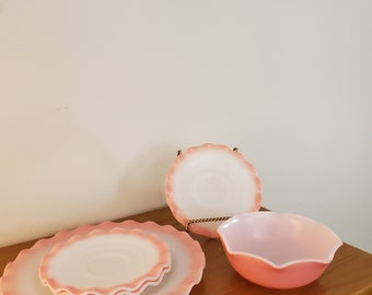 Vintage pink and white dishes by Hazel Altas glass Crinoline saucers bowl plate