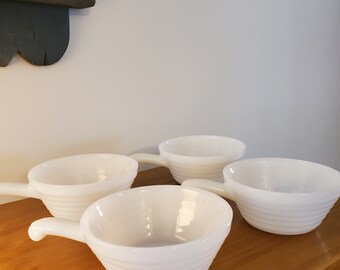 White bowls with handles by Fire King beehive bowls