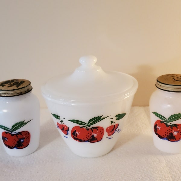 Vintage grease jar and shaker set Fruits Apples and Cherries by Fire King