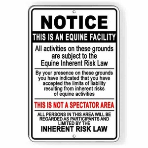Equine Facility Inherent Risk Law Metal Sign écurie de chevaux