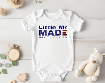 Little Mr Made In The USA Baby Bodysuit, Patriotic Baby Boy Outfit, 4th of July Baby Clothes, Red White Blue Infant Shirt
