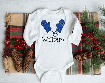 Baby Bodysuit With Name, Christmas Mittens, Baby Bodysuit With Mittens, Personalized Mitten Baby Bodysuit, Baby Clothes, Winter Baby Outfit,