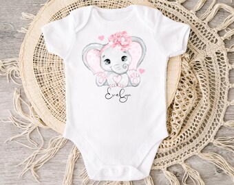 Personalized Elephant Baby Bodysuit, Pink Elephant Baby Clothes, Baby Bodysuit, Baby Girl Gift, Elephant Baby Shower Gift, Newborn Gift
