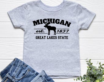 State Of Michigan Apparel, Great Lakes State Shirt, Michigan Tshirt For Toddler, Moose Tshirt For Kids, Gifts For Kids, Kids Wildlife Tee