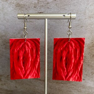 May include: A pair of red earrings with a unique abstract design. The earrings are made of a lightweight material and have a silver hook closure.