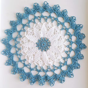 Blue & White crochet Doily .Round lace Doily .10.6” Crochet centerpiece.