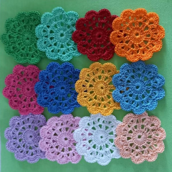 Lot of 12 Colorful Mini Doily 2.4"(6 cm) . Crocheted Doilies .Round Crochet Flowers. Lot of 12 pieces Hand Crochet appliques