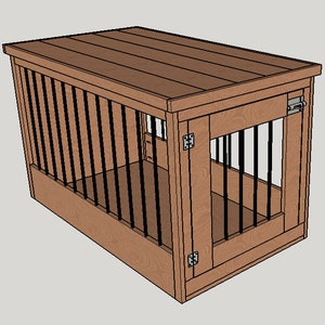 May include: A wooden dog crate with a hinged door and a removable top. The crate is made of natural wood and has a brown finish.