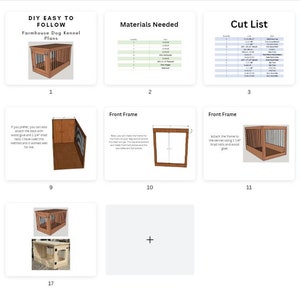 May include: DIY instructions for building a farmhouse dog kennel. The instructions include a materials list, cut list, and step-by-step photos of the construction process.