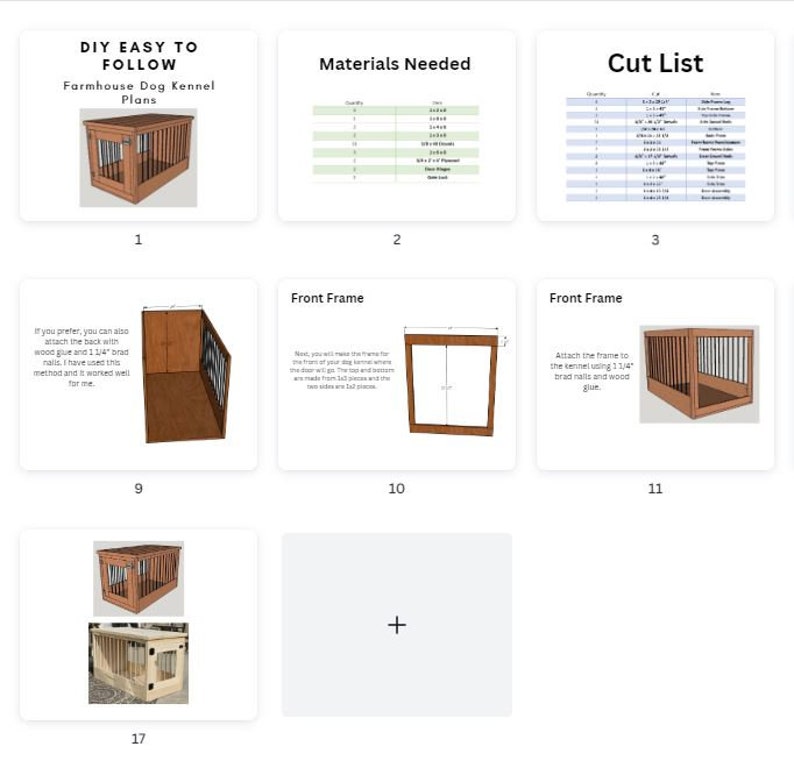 May include: DIY instructions for building a farmhouse dog kennel. The instructions include a materials list, cut list, and step-by-step photos of the construction process.