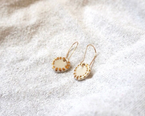 Gold dotted Porcelain Earrings | Ceramic Earrings with gold filled wire | Porcelain gold dangle drop earrings | Engraved dotted earrings