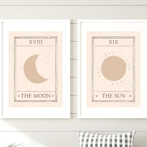 Set van 2 Tarot Kunst Prints, Hemelse Kunst aan de Muur, Tarot Kaart Prints, Boho Wall Art Prints, De Zon en De Maan Tarot Prints, Home Gifts
