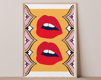 Hot Lips! Retro, Funky Colourful Eclectic Wall Art Print, Gallery Wall, Bold Vintage Home Decor Gifts for Her | A3, A4, 4x6 | Colourful Home