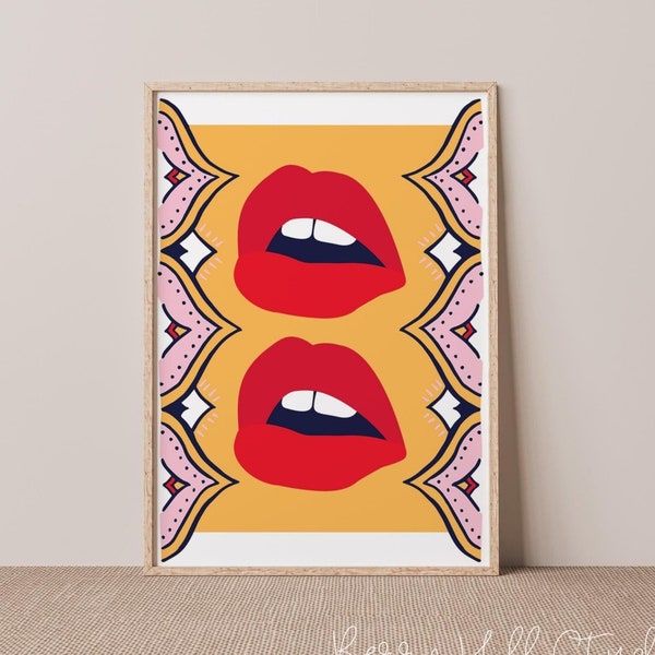 Hot Lips! Retro, Funky Colourful Eclectic Wall Art Print, Gallery Wall, Bold Vintage Home Decor Gifts for Her | A3, A4, 4x6 | Colourful Home