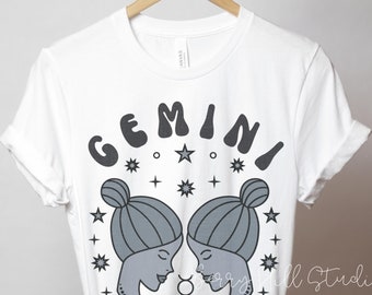 Koszulka z nadrukiem Gemini Retro Inspired Astrology Shirt Gemini Vintage Style Zodiac Sign Tee, koszulka z nadrukiem Horoscope Shirt Urodzinowy prezent dla kobiet Gemini