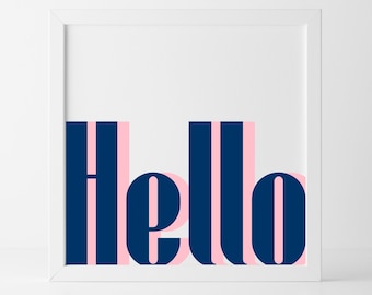 Hej konsttryck, Välkommen väggkonst, Minimalistisk heminredning, Välkomsttryck, Marinblå och rosa dekor