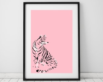 Rosa Tiger Wandkunst, Schwarz und Rosa Tier Druck, Digitale Wandkunst, Dschungel Tier Wandkunst druckbar, Tiger Illustration, Tiger Poster Druck