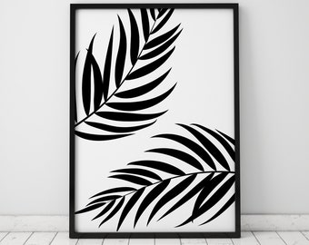 Tropische print palmbladeren, zwarte minimalistische muurkunst, palmblad afdrukbare muurkunst, tropische print digitale kunst