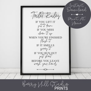 Toilet Rules Bathroom Wall Art Print, Prinable Wall Art Quote, Toilet Humor Prints, Funny Wall Prints, Funny Art Print, DIY Home Decor