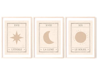 Set of 3 Tarot Art Prints, Modern Celestial Wall Art, Boho Decor, Neutral Bohemian Prints, The Sun The Moon The Star Tarot Prints Home Gifts